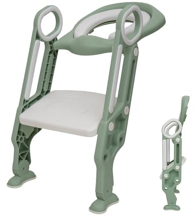 Straame Toddler Toilet Ladder Seat - Adjustable Potty-Training Seat, Soft Cushion Seat and Anti-Slip Steps Design - Easy to Install Portable Children Potty Training Chair (Green-White)