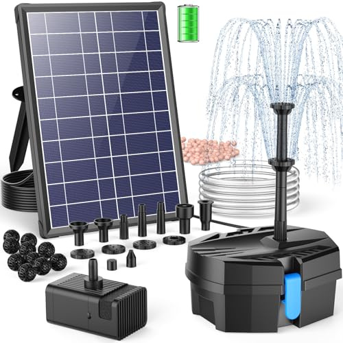 POPOSOAP Filtre de bassin solaire avec fontaine, fontaine solaire 8W avec système de filtration, 8 modes de pulvérisation et batterie de secours de 3600mAh, pour petits bassins extérieurs, abreuvoirs