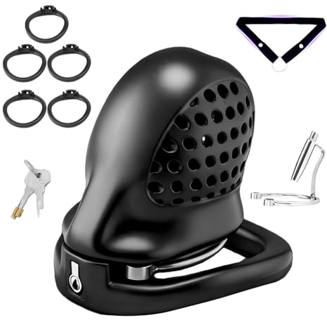 Cage de Chasteté pour Pénis PA Chastity Cage Man avec Cathéter Amovible et 5 Anneaux Sex Toýs Homme Cage de Chasteté Léger et Respirant avec Serrure Dissimulée pour Contention du Pénis (A+Belt)