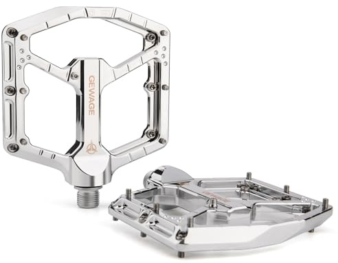 GEWAGE Pedali MTB Profi​-Alluminio CNC, sistema 3 cuscinetti (sfere + rulli), asse 9/16″ cromolio, design monoblocco ultra piatto, 14 punte, compatto (Argento)