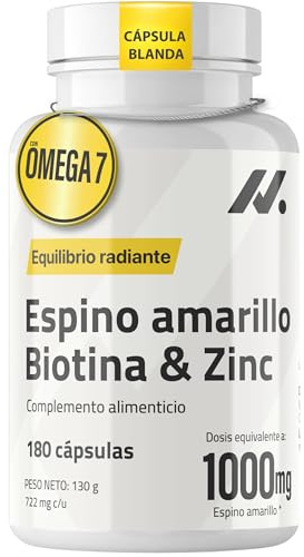 Espino Amarillo con Biotina Ultra (5.000 mcg) y Zinc – 180 Perlas | Alta Concentración: 1000 mg de Aceite de Espino Amarillo con Omega 7 Natural | Piel, Cabello, Uñas y Mucosas – Sin Gluten ni Lactosa