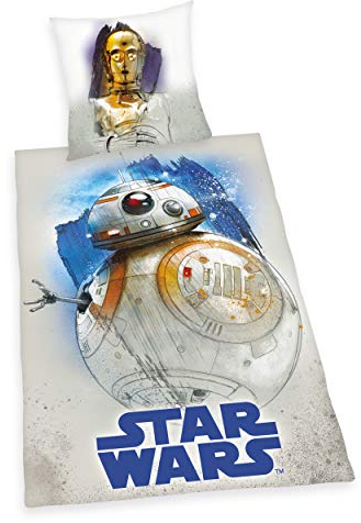 Herding Star Wars Bettwäsche-Set, Wendemotiv, Mit praktischer Knopfleiste, Bettbezug 135 x 200 cm, Kopfkissenbezug 80 x 80 cm, Baumwolle/Linon Grau/Blau