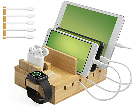 TechDot Station de charge en bambou - Plusieurs appareils - 5 ports USB - Station de charge en bambou pour téléphones portables, smartphones, tablettes - Station de charge en bois