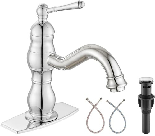 Heyalan Bathroom Sink Faucet Single Hole 1 Handle Deck Mount Single Handle Bathroom Sink Faucet Farmhouse Mixer Tap with Drain,‎Short-Spout Reach 7.09 Inch,Polish Chrome