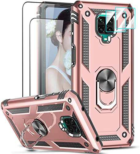 LeYi - Carcasa para Xiaomi Redmi Note 9 Pro/Note 9S/Note 9 Pro MAX con 2 Vidrio Templado y 2 Protectores de cámara, Anillo Soporte Militar anticaída antigolpes rígida Armadura Funda de Oro Rosa