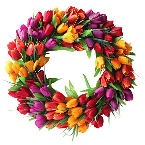 HYLYING 50cm Red Tulip Wreath for Door Hanging Artificial Flower Tulip Wreath Spring Wreath for Front Door Window Wall Hanging Decorations