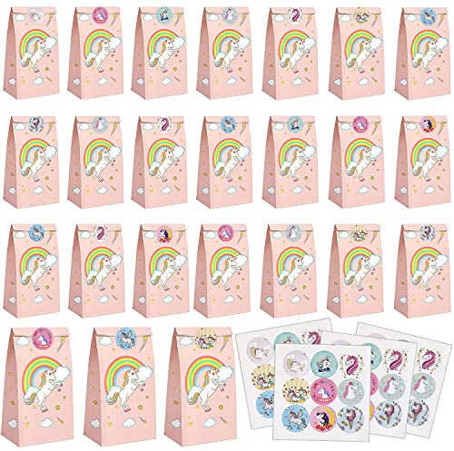 PHOGARY Confezione Regalo da 60 Pezzi, 24 sacchetti di carta con unicorno arcobaleno rosa + 24 adesivi con unicorno arcobaleno magico Borse per Feste di Compleanno, Borse per Feste e Borse per Bambini