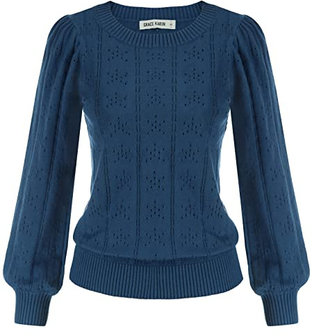 Pulls Femme Hiver Manche Longue Chic Chandail à Col Rond Côtelé Basique Veste Tricot Evidée Taille Elastique Bleu Marine -2 M