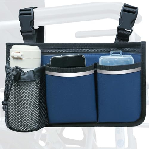 SHIFANQI Borsa per sedia a rotelle, borsa per sedia a rotelle, borsa laterale per sedia a rotelle, borsa organizer per bracciolo con attacco portabicchieri e striscia riflettente, accessori per la