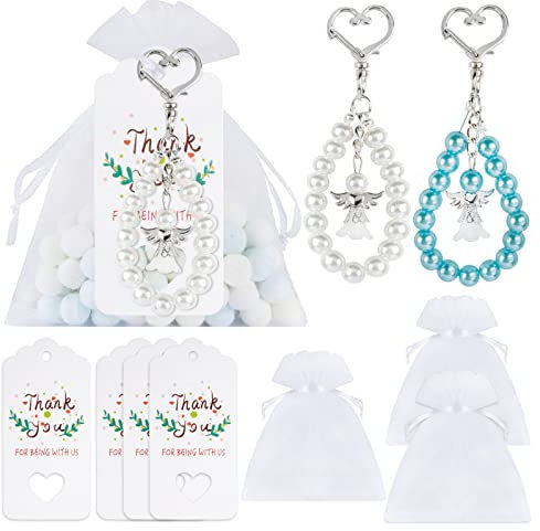 BOFUNX 20 Stücke Gastgeschenke Schutzengel Anhänger Klein Engel Schlüsselanhänger + 20 Stücke Organzasäckchen + 20 Stücke Etiketten Anhänger für Hochzeit Kommunion Konfirmation Taufe Party Geschenk