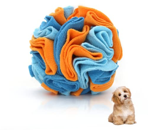 Andiker Pelota de olfateo para perros, juguetes interactivos para perros, juguete estimulante del cerebro para perros, tapete de alimentación lenta, juguete para aliviar el estrés (naranja + azul)
