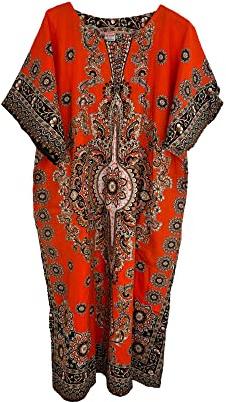 Ny dam 100 % bomull lång kaftanklänning, sommar-dashiki, afrikanskt tryck, en storlek, lös baggy stil, strandöverdrag., Orange, en storlek