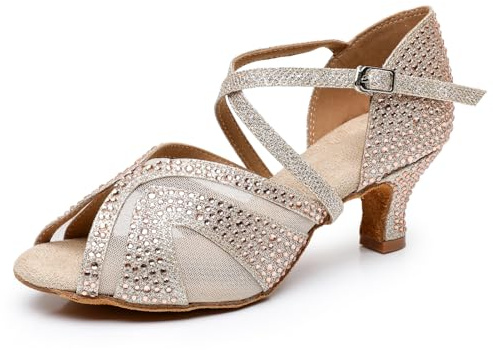Rosefinch Zapatos de Baile Latino para Mujer Zapatos de Baile de salón Zapatos de Baile con pedrería Fiesta de Boda Oro 5cm Tacón 41EU