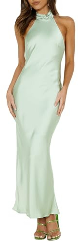 Phicia Sexy Satin Halter Neck Backless Maxi Dress for Women Elegant Tie Cowl Back Formal Wedding Guest Dress for Summer Sage