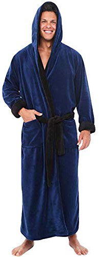 SkotO Accappatoio da uomo, lungo, in spugna, con cappuccio, bicolore, Blu, XXXXL
