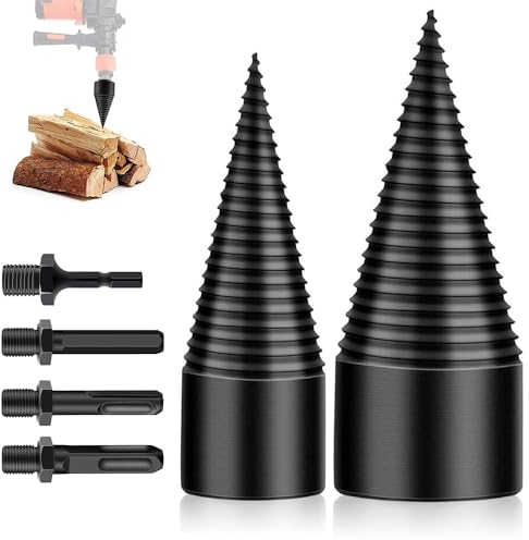 AVCXEC Taladro divisor de leña, 45mm 32mm Divisor de Troncos, broca de división de madera, cortador de leña, Taladro cono divisor de madera Partir troncos de madera con 4 mangos de perforación
