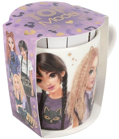 Depesche 13065 TOPModel Rebel Kitty - Taza en Blanco, con Gran Estampado TOPModel y Orejas de Gato, Taza de Porcelana con asa, Capacidad Aprox. 300 ml