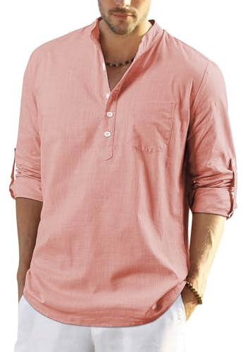 Enlision Mens Cotton Linen Shirt Long Sleeve Button Down Summer Peach Henley Shirts Casual Business Shirt Tops 3XL
