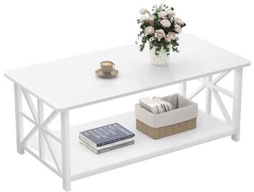 GreenForest Couchtisch mit Stauraum, 100 cm Wohnzimmertisch, Stabiler Sofatisch aus Holz und Metall, Kaffeetisch mit Regal, Industriestil, Rustikales Design, Reinweiß