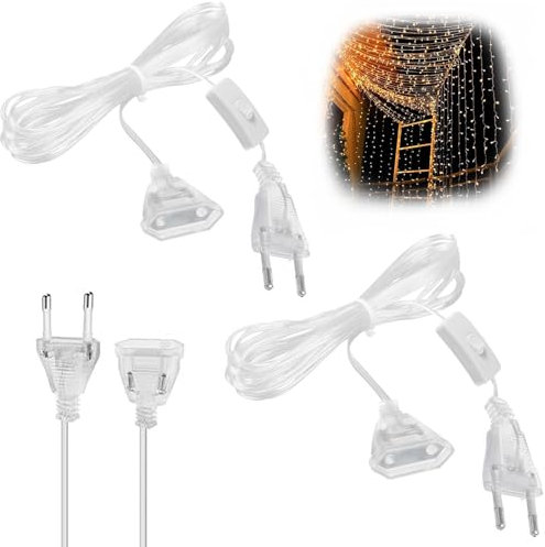 Joycabin Lot de 2 rallonges 5M avec Interrupteur, rallonge de câble d'alimentation Plate, câble d'alimentation Fin 220V, rallonge de Prise Euro pour lumière LED et Utilisation extérieure, Transparent