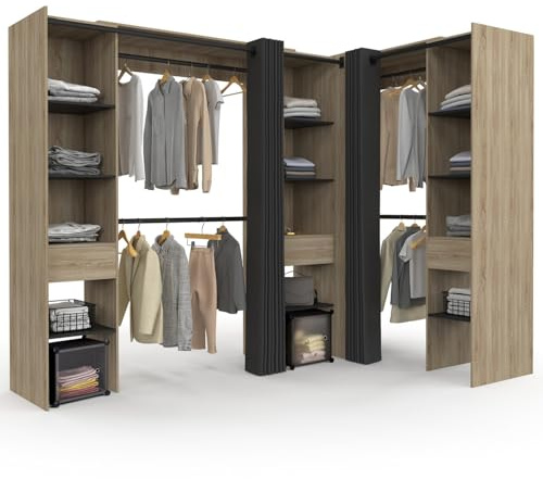 IDMarket - MARLON 230 x 140 x 180 cm Armario esquinero de haya con armarios + estantes + cortinas negras