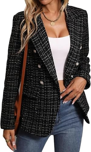 FM2018XSL Vestes en tweed pour femme, veste ouverte sur le devant, plaid en tweed sude, veste décontractée à manches longues, blazer avec poches, manteau élégant