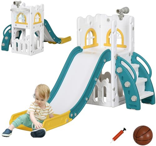 AIYAPLAY Toboggan pour Enfants 5 en 1 avec Panier de Basket, Escalade, télescope, Panier de Rangement, Espace de Rangement, Toboggan intérieur pour Enfants de 1 à 3 Ans, 70x177x92cm, Blanc et Vert