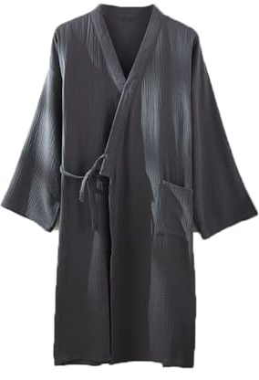 Mens Summer Kimono Robes, 100% Cotton Muslin Bathrobe for Yukata Spa Sauna, Japanese Kimono Pajamas Sleepwear Nightgown (Grey,X-Large)