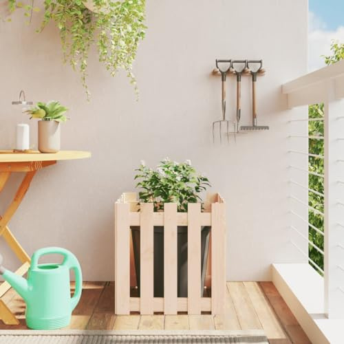 HaoChrymec Recinzione Giardino con Vaso Integrato, Staccionata in Legno Massello di Pino 50x50x50 cm, Separe da Esterno Rustico, Steccato per Piante e Fiori