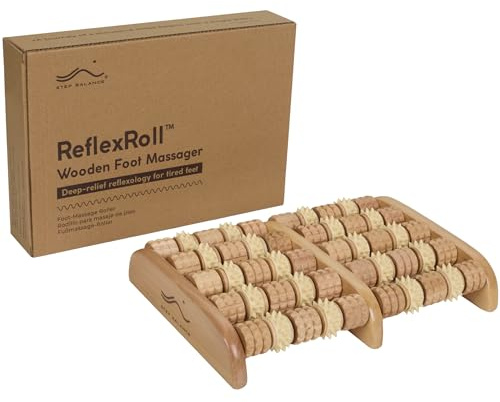 STEP BALANCE ReflexRoll - Rouleau Masseur de Pieds en Bois - 50 Rouleaux Double Texture - Réflexologie Plantaire Acupression Shiatsu - Fasciite Plantaire Pieds Fatigués Stress - 29 cm Unisexe