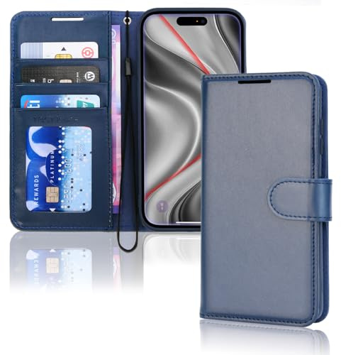 TECHGEAR iPhone 17 Pro plånboksfodral i läder med RFID-blockering, flip-skydd med korthållare, kickstand, handledsrem, magnetisk stängning – blått PU-läder för iPhone 17 Pro 6,3 tum