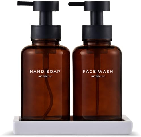 MaisoNovo Dispenser per sapone in schiuma in vetro 400 ml | Vetro ambrato Pompe nere x 2 con vassoio in ceramica