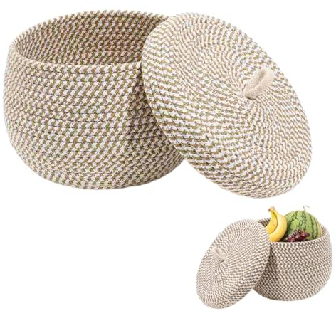 Generico Cestino Portaoggetti Rotondo Con Coperchio Cesto Decorativo Intrecciato In Corda Di Cotone Contenitore Per Oggetti Vari Con Coperchio.