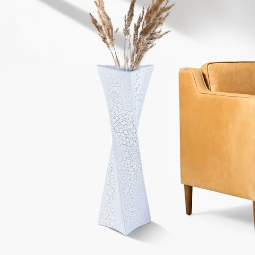 Vaso alto da pavimento da 60 cm (bianco ghiaccio crack), per la decorazione della casa, moderno vaso autoportante con finitura testurizzata, design fatto a mano per erba della pampa, fiori artificiali