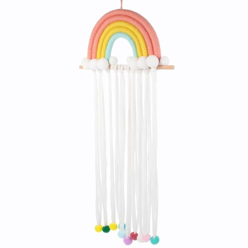 TEMPNAP Organizador de Moños de Madera y Algodón para Niñas Soporte para Pinzas de Cabello Colgador de Pared Diseño Arcoíris para Decoración de Habitación