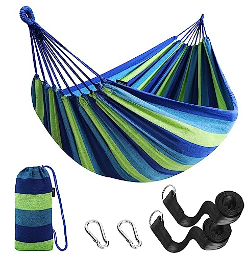 ANYOO Hängematte Outdoor Baumwolle Bequemer Stoff mit Baumfreundlichen Gurten zum Aufhängen, Robuste Tragbare Hängematte mit Reisetasche für Garten, Indoor, Balkon, Terrasse, Camping