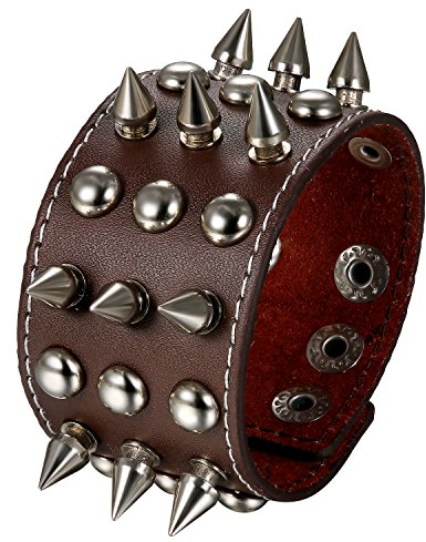 JewelryWe Schmuck Herren Lederarmband, Punk Rock Nieten Killernieten Druckknopf Breit Leder Armband Armreif Manschette, Braun