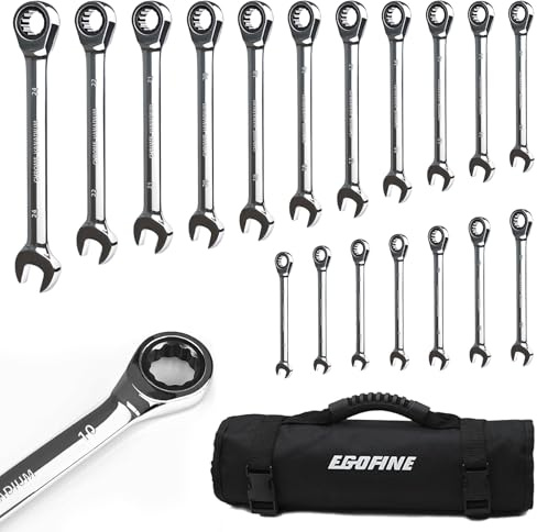 Egofine Ratcheting Wrench Set, 6 mm - 24 mm Metric Wrench Set 18pc, 72 Teeth Combination Wrenches Set, Chrome Vanadium Steel with a Roll Up Storage Bag