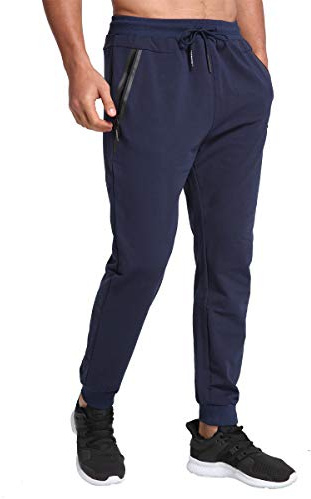 JustSun Joggingbyxor för män, sportbyxor, träningsbyxor för män, bomull, fitness med dragkedjefickor, blå, 3XL