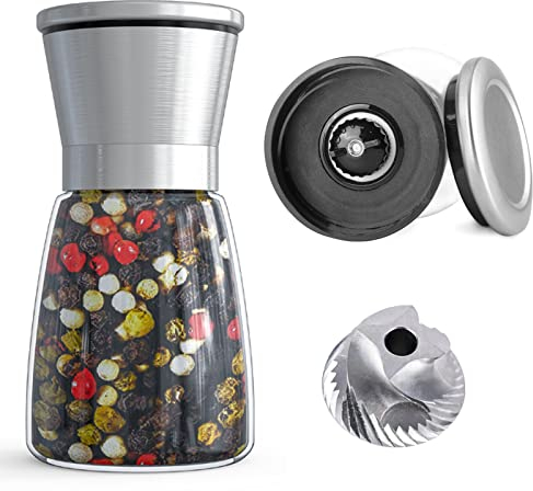 Ebaco Professional Pepper Grinder - with Germany Hardened Carbon Steel Mechanism Rotor, Refillable Pepper Mill 6OZ Glass Adjust Coarseness (1PCS-Sliver-304)