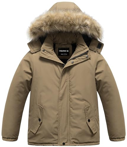CREATMO US Boy's Casual Waterproof Ski Snow Jacket Hooded Fleece Lined Windproof Winter Puffer Anorak Jacket Brown 8