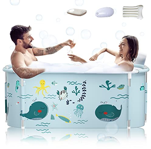 140cm Tragbare Faltbare Badewanne Mit Metallrahmen, Große Familie für Erwachsene, Effiziente Umstellung von Heißer und Kalter, 140cmX60cmX55cm (Ozean Stil)