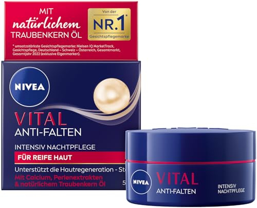 NIVEA VITAL Soin de nuit anti-rides intensif pour peaux matures, soin du visage avec calcium, extraits de perles et huile de pépins de raisin naturelle, crème de nuit pour soutenir la régénération de