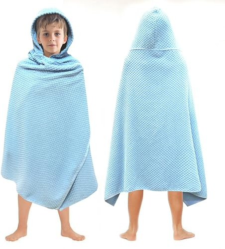 ORIGINAL KIDS Waffle Hooded Bath Towel Wrap - 100% Cotton Terry Large Oversized Hooded Kids Towel - Toddler Big Kid Shower Pool Beach - Super Absorbent Quick Dry Easy Care - 30 x 56 - Light Blue