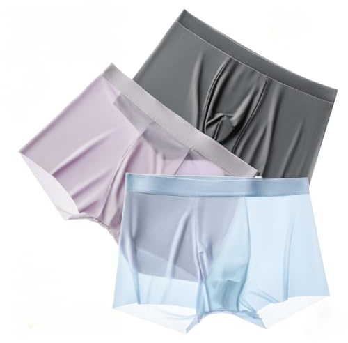 Boxer pour Homme en Soie glacée - Culotte sans Couture en Maille - sous-vêtements Transparents Ultra Fins et Respirants, 3 Couleurs, Large