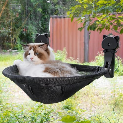 JUNSPOW Trådlöst kattfönsterpinne med sladdlös, vikbara och stabila kattbäddar som andas för att ha utsikt, solbad och klättring – maximalt grepp upp till 18 kg