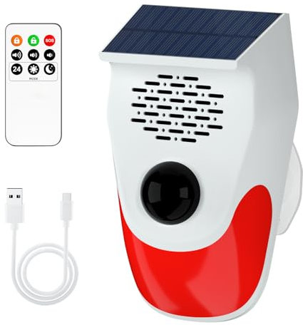 Allarme solare con sensore di movimento per esterni e interni, sensore di movimento rumorista con 8 registrazioni sostituibili, allarme con rivelatore di movimento, batteria di ricarica solare