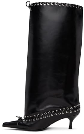 Goolita Women's Pointed Toe Metal Eyelets Knee High Boots Kitten Heel Lace Up Bow Slip on Wide Calf Tall Boots