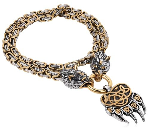 Flongo Wikinger Wolf Halskette für Herren: Wolfskopf Bärenklaue Anhänger Chunky Kette Amulett Edelstahl Byzantinische Kette Punk Norwegischer Schmuck Vintage silber schwarz gold Königskette 71cm