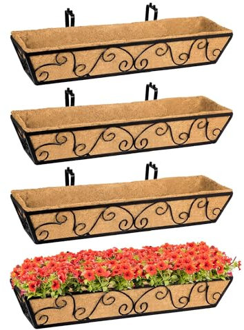 HFHOME 4Pcs 30/76.2cm Hanging Flower Boxes, Large Metal Planter Box with Coconut Coir, Gardening Kit for Railing Window Box Porch Balcony & Outdoor Fences